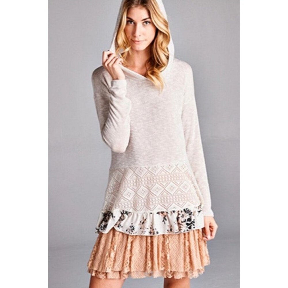 NWT Hooded Ruffle Hem Knit Tunic Top | Coquette Boho Coastal Cowgirl Soft Grunge - Picture 2 of 16